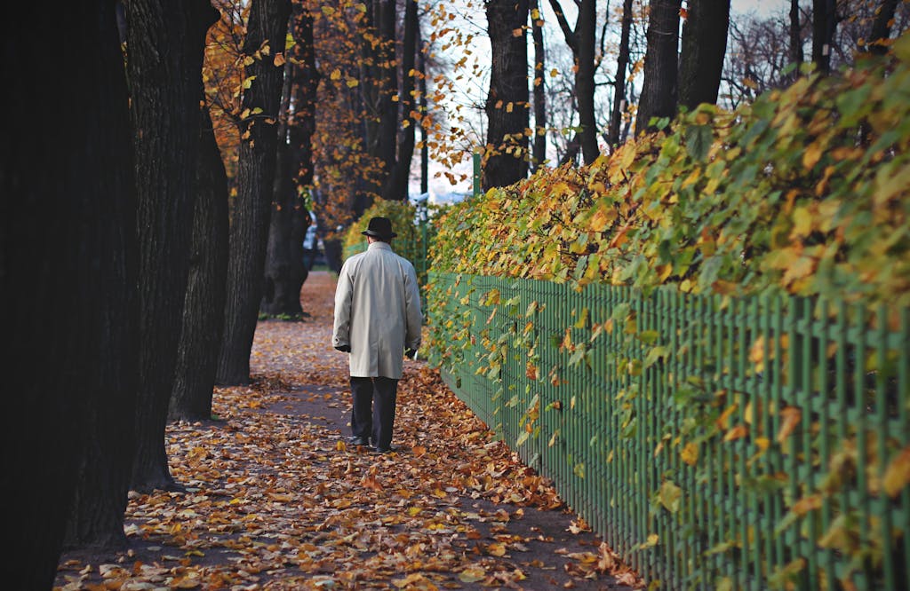 A man in a coat and hat walks along a leaf-covered path beside a fence in an autumn park.